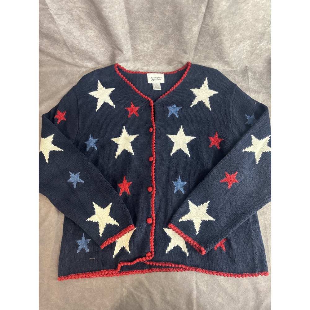 Christopher & Banks Womens XL Star Patriotic Cardigan Sweater Navy Blue Red 4th